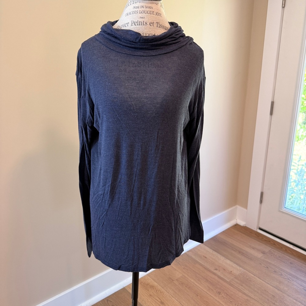 Yala Women's Navy Blue Sheer Turtle‎ Neck Long Sleeve Bamboo Shirt Size L